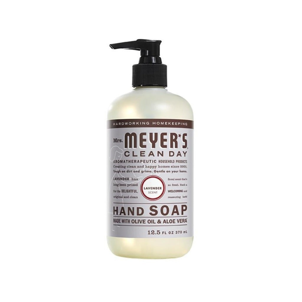 Product image of Mrs. Meyers Lavender hand soap 12.5 fl oz - made with olive oil and aloe vera - a plastic bottle with a pump lid. 