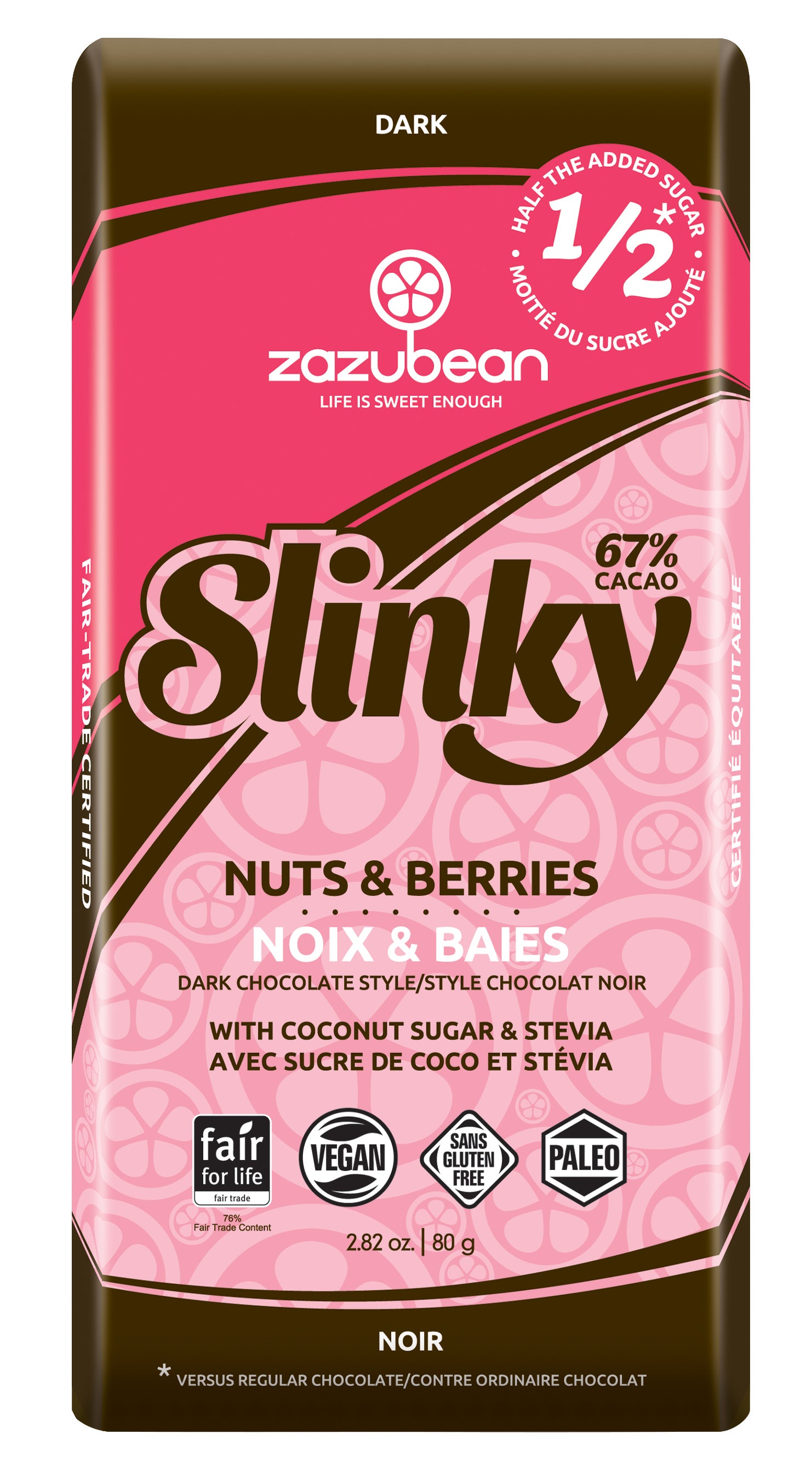Zazubean Slinky 67% Chocolate Bar Nuts & Berries, 1/2 Sugar Added 80g