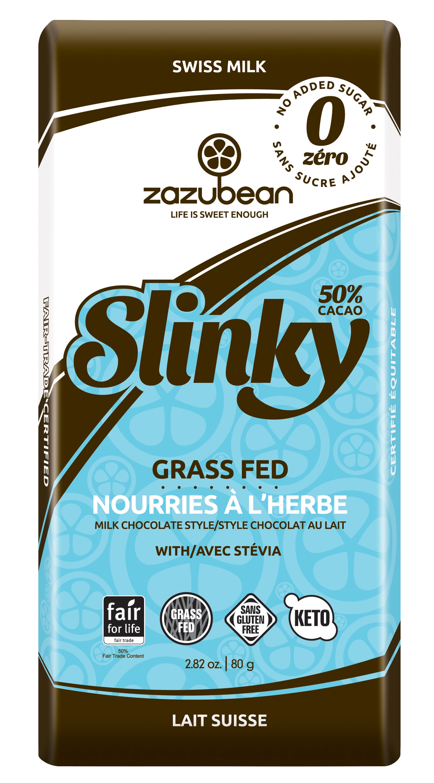 Zazubean Slinky Grass Fed 50% Chocolate Bar, No Sugar Added 80g