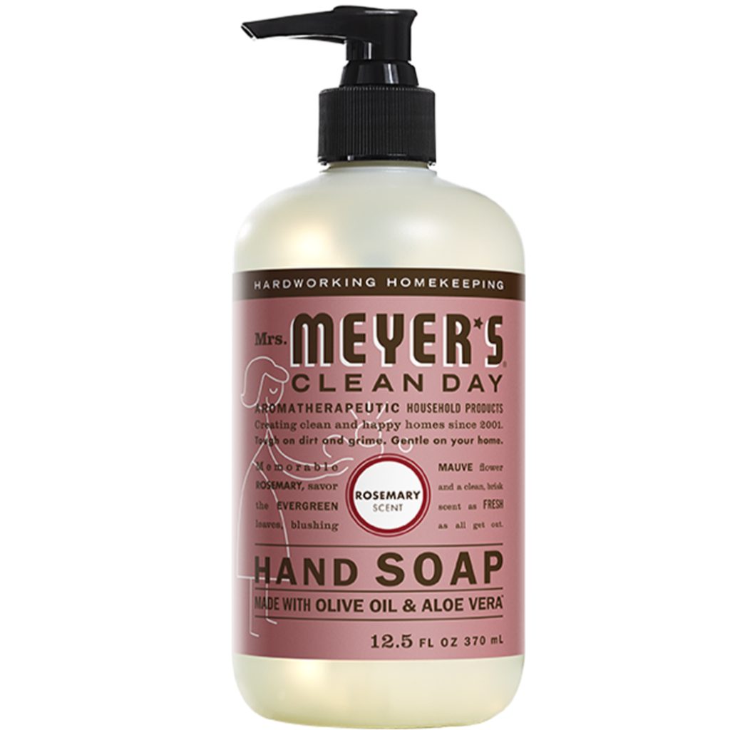 Bottle of Mrs Meyer's Clean Day Liquid Hand Soap - rosemary scent - 370ml - plastic bottle with pump lid.