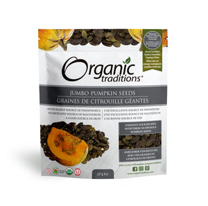 Bag of Organic Traditions Jumbo Pumpkin Seeds 227g - Excellent source of phosphorus & magnesium - good source of Iron