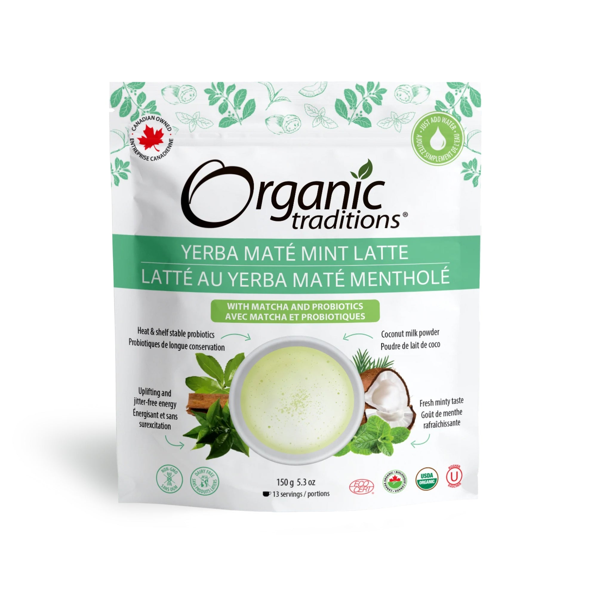 Organic Traditions Organic Yerba Mate Mint Latte with Matcha and Probiotics 150g