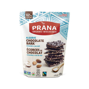 Prana Organic Algarve Chocolate Bark - almonds & sea salt 100g - front of bag